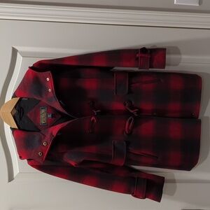 Pendleton Roslyn Hooded Duffel Coat, XS, Red and Grey Buffalo Check 